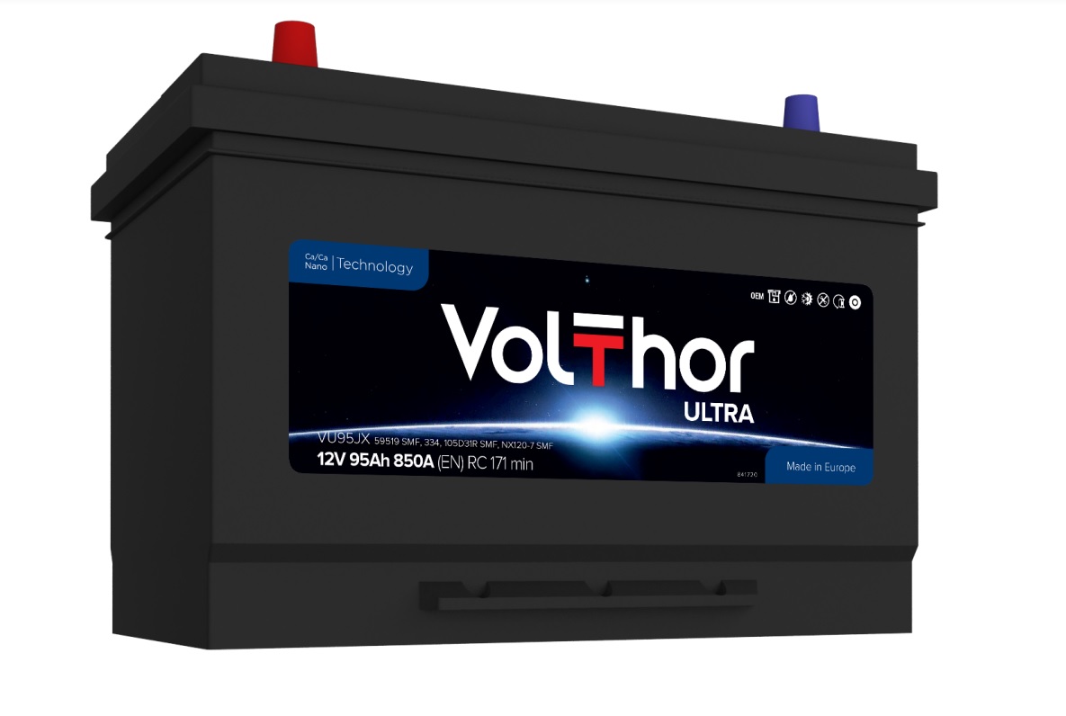 Акумулятор легковий VOLTHOR 6СТ-95(1) JIS (850А) ULTRA 12B, 95Ah, 850A, плюс ліворуч (L+) кальцієвий (Ca/Ca) 306X173X200(220) мм (301195)